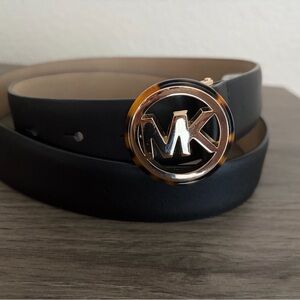 Michael Kors Black Leather Belt with Gold Logo Buckle
